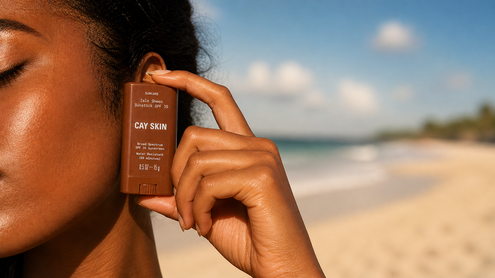 Cay Skin Isle Invisible Sunstick applied at the cheekbone, golden-hour beach background